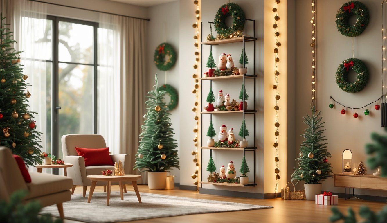 A living room decorated for the holidays using vertical shelves and wall-mounted decorations to save space, featuring festive ornaments, plants, and lights.