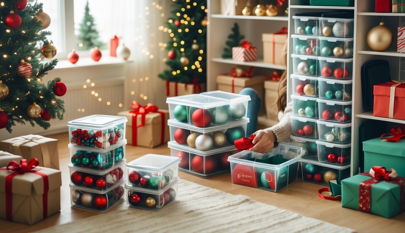 A person organizing holiday decorations using clear storage boxes and clever storage solutions in a cozy room with a decorated Christmas tree and wrapped presents.