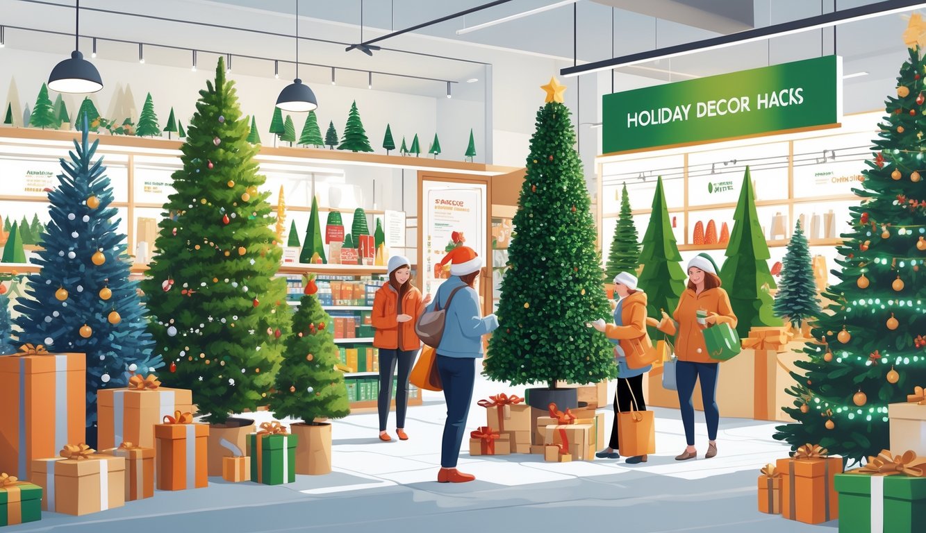 Shoppers browsing holiday decorations in a store filled with various artificial trees decorated for the season.