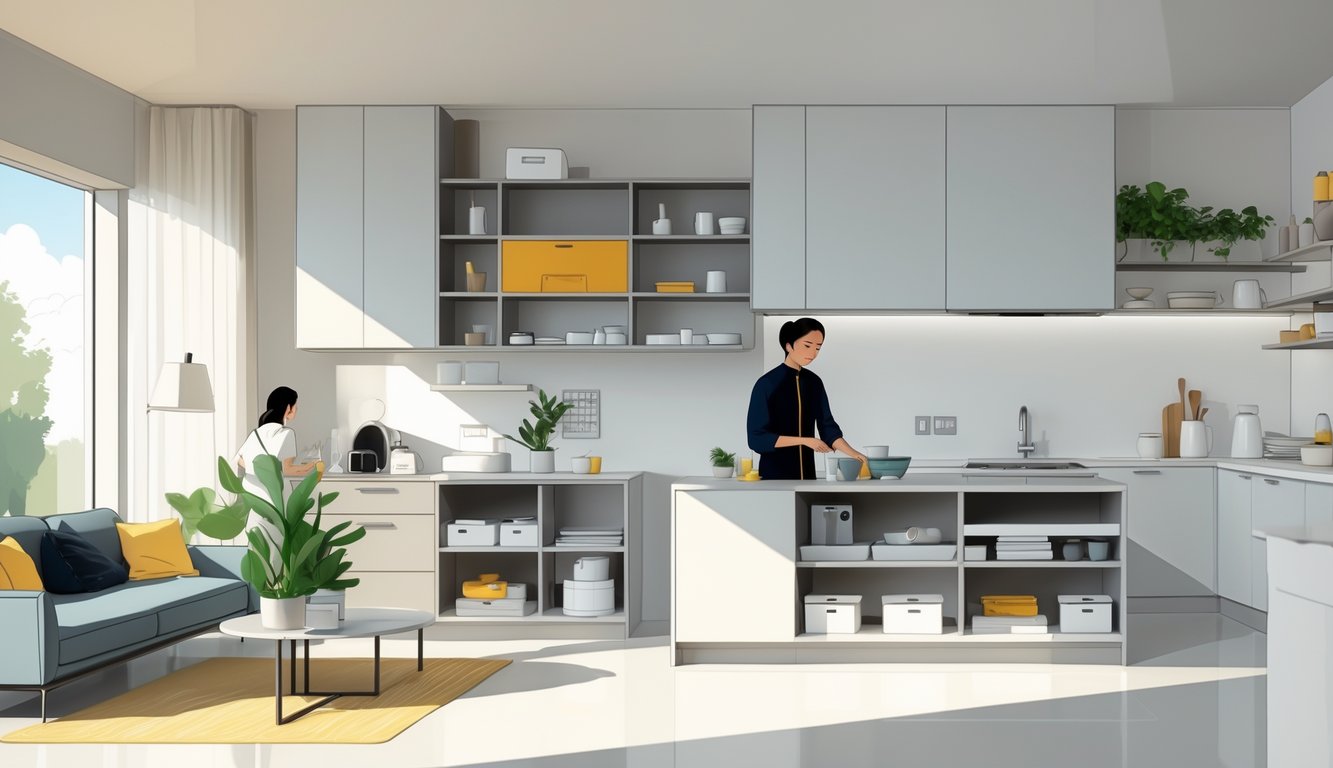 A tidy and organized home interior with a busy adult arranging items and using smart devices to manage household tasks.