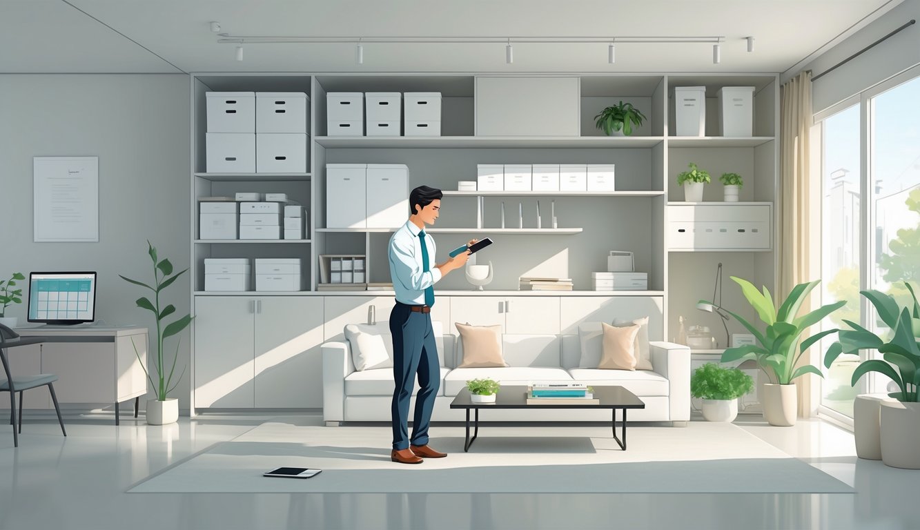 A busy adult quietly organizing a tidy living room with smart storage solutions and natural light coming through large windows.