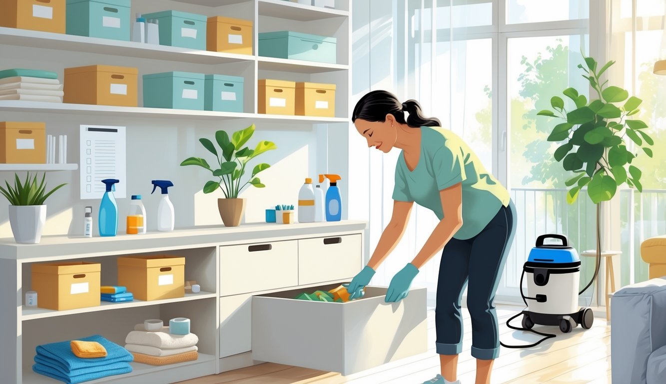 A busy adult organizing and cleaning a tidy living room with storage boxes and cleaning tools nearby.