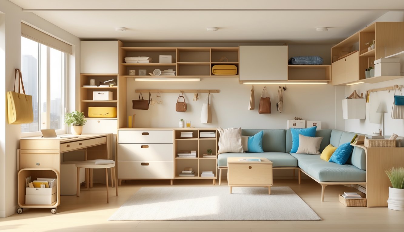 A small, tidy living space with smart storage solutions and a busy adult organizing items quietly.