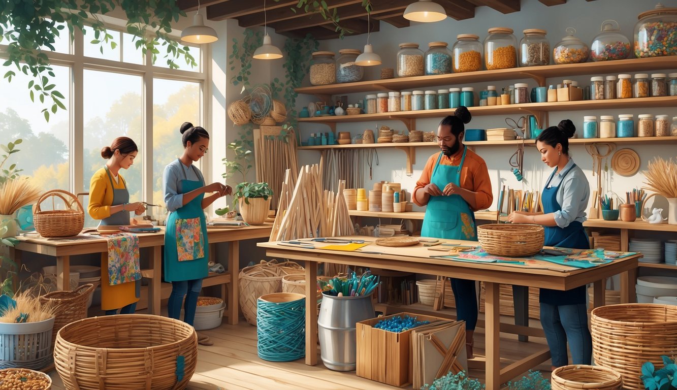 A group of crafters working with alternative materials like natural fibers, reclaimed wood, and patchwork fabrics in a well-lit artisan workshop.