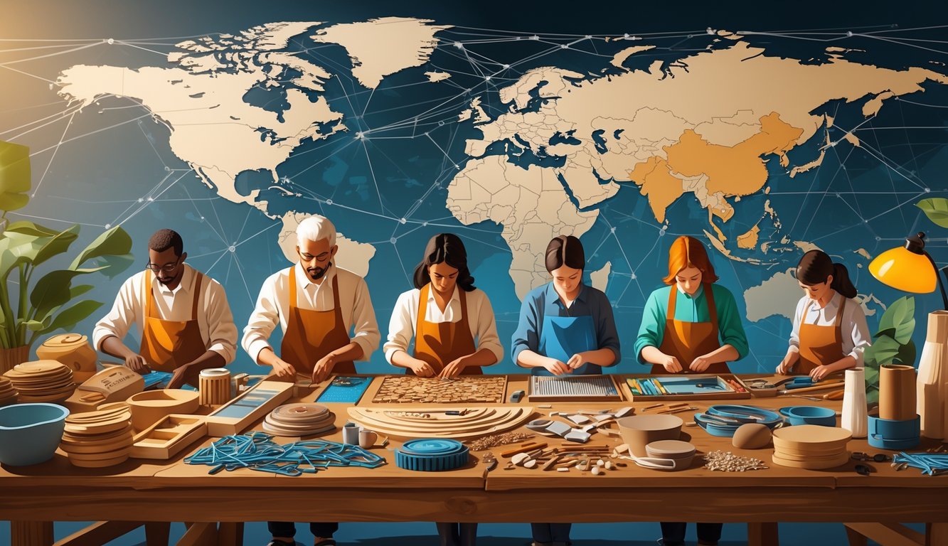 A group of crafters working with a mix of traditional and alternative materials at a table, with a world map in the background showing supply chain connections.