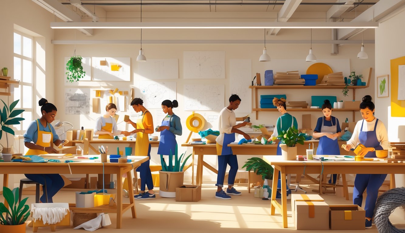 A group of people in a workshop crafting with alternative materials like recycled fabrics, wood, and natural fibers, working creatively and collaboratively.