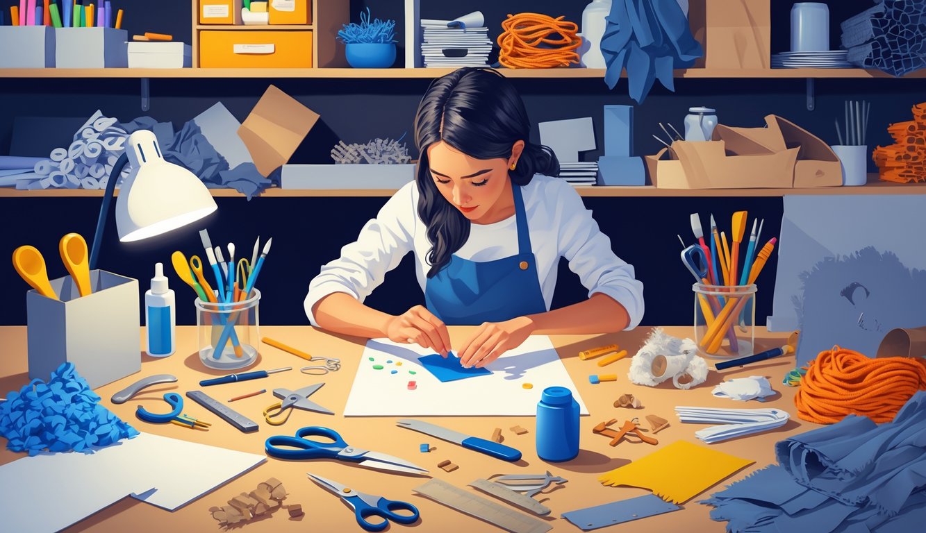 A crafter working at a busy workspace using a mix of traditional and alternative materials surrounded by various crafting tools and supplies.