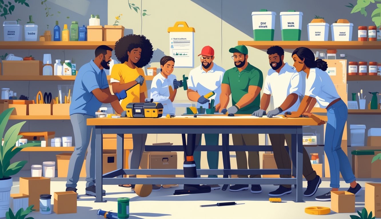 A group of DIY experts gathered around a workbench with tools and materials, demonstrating and learning emergency fund fixes in a well-organized workshop.