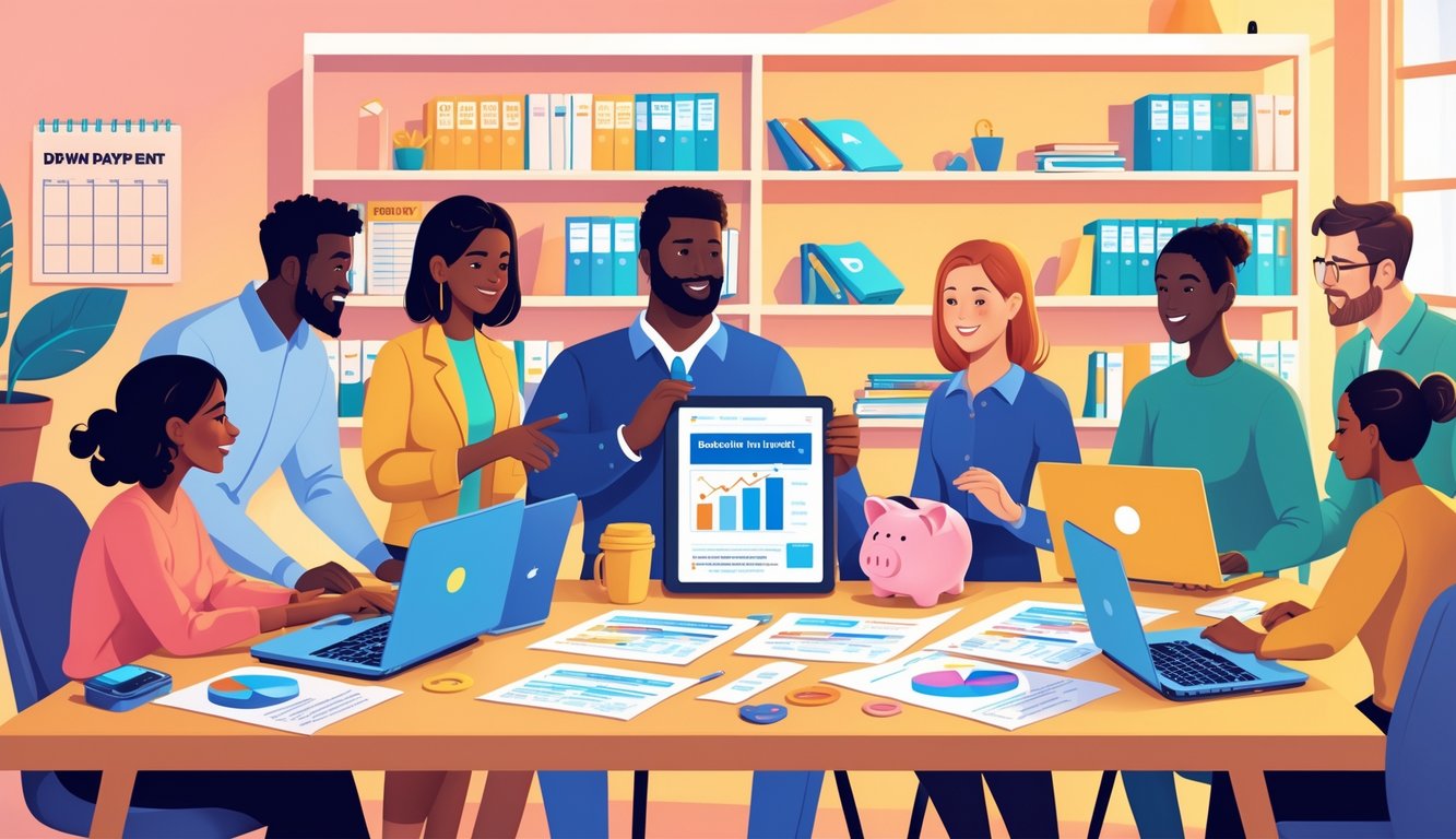 People working together around a table with financial documents and devices, preparing for a home down payment and mortgage.