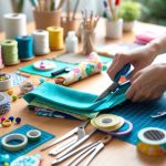 Hands cutting fabric on a wooden table surrounded by various craft supplies like thread, scissors, paintbrushes, and buttons.