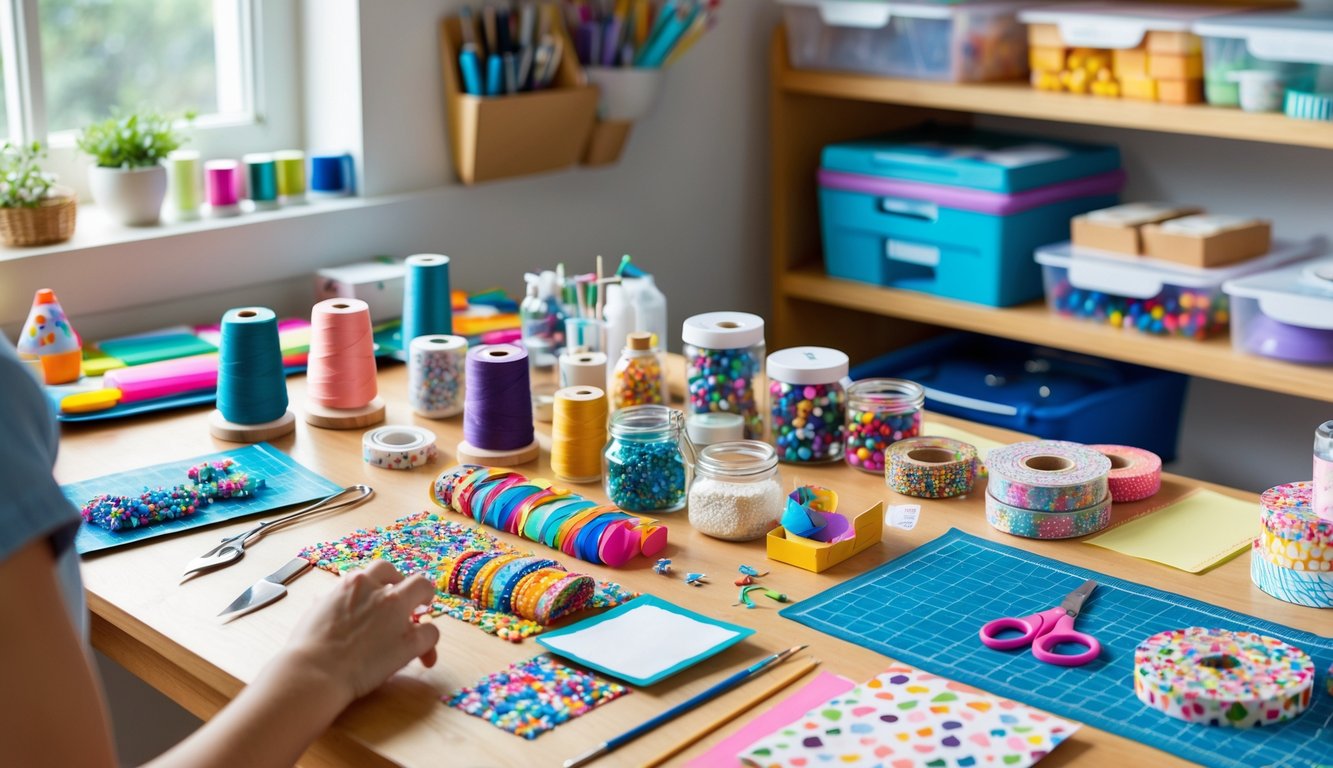 A person working on a small DIY craft project at a table filled with various craft supplies like scissors, thread, paintbrushes, beads, and patterned paper.