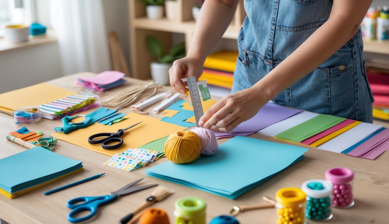 A person working with craft supplies on a wooden table, including scissors, paper, yarn, and paintbrushes, in a well-organized workspace.