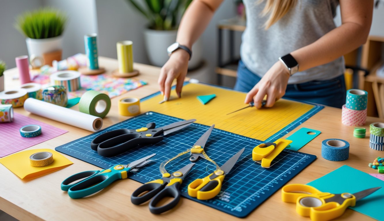 A person working on a craft project at a table with various safe cutting tools and colorful craft supplies neatly arranged.