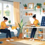 An adult working on sewing and DIY projects in a bright, organized home interior with plants and craft materials.