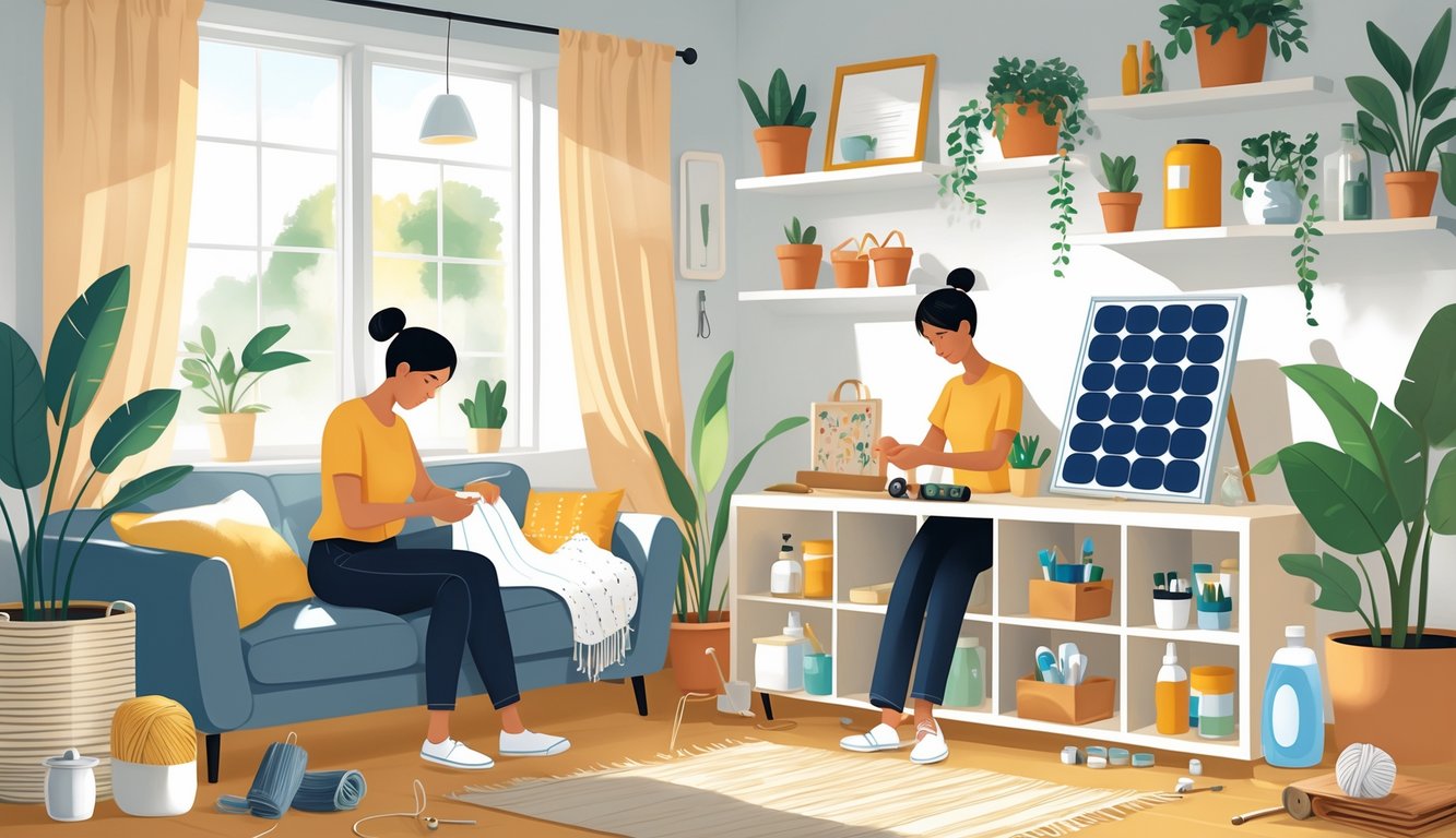 An adult working on sewing and DIY projects in a bright, organized home interior with plants and craft materials.