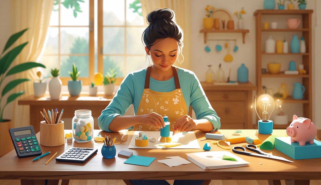 An adult working on DIY crafts at a wooden table with crafting materials in a cozy home setting, surrounded by items symbolizing home cost savings.