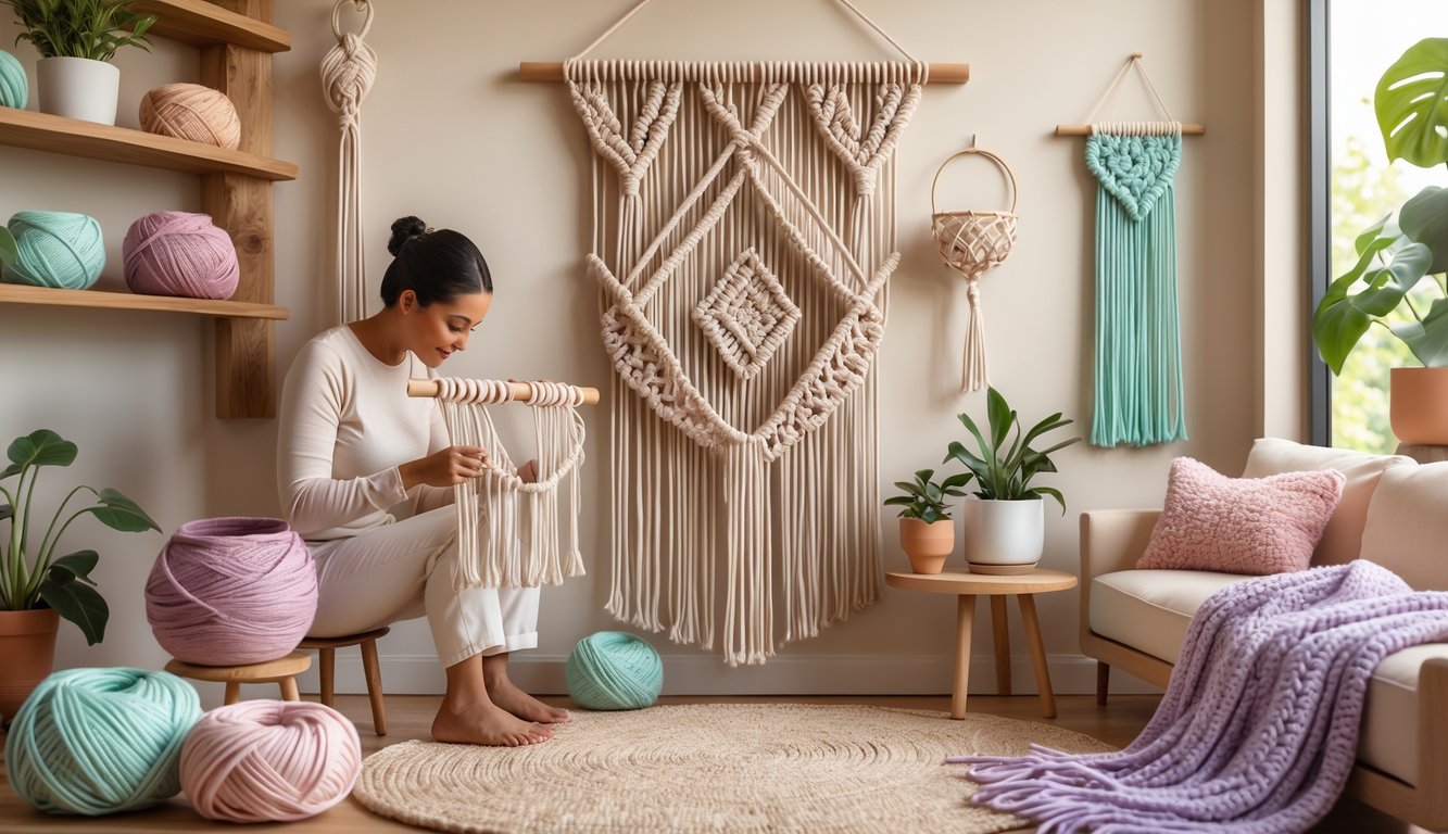 An adult weaving a macrame wall hanging surrounded by yarn crafts and plants in a cozy living room.