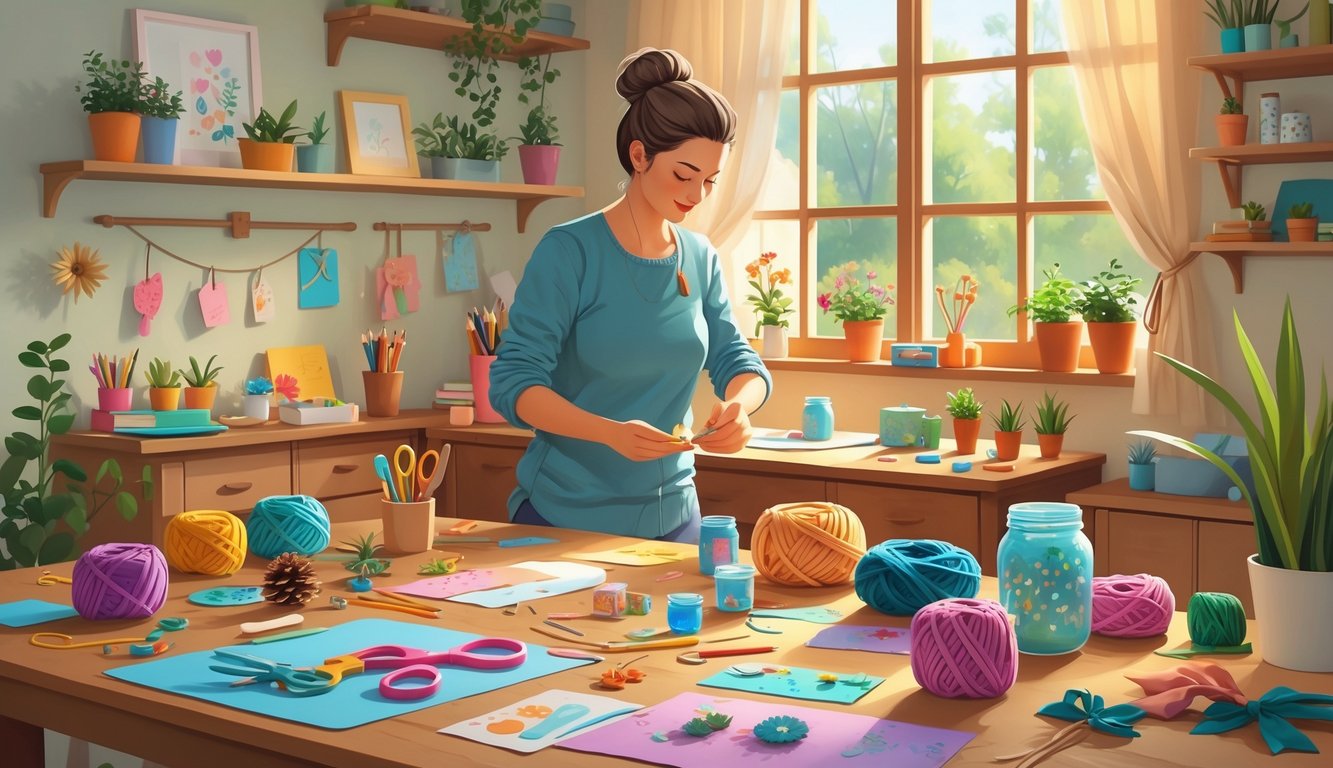 A person working on handmade crafts at a table filled with craft supplies and finished gift items in a cozy, well-lit room.