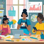 A group of crafters in a workspace creatively saving materials by repurposing scraps, measuring carefully, and comparing prices.