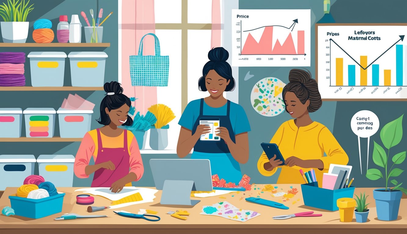 A group of crafters in a workspace creatively saving materials by repurposing scraps, measuring carefully, and comparing prices.