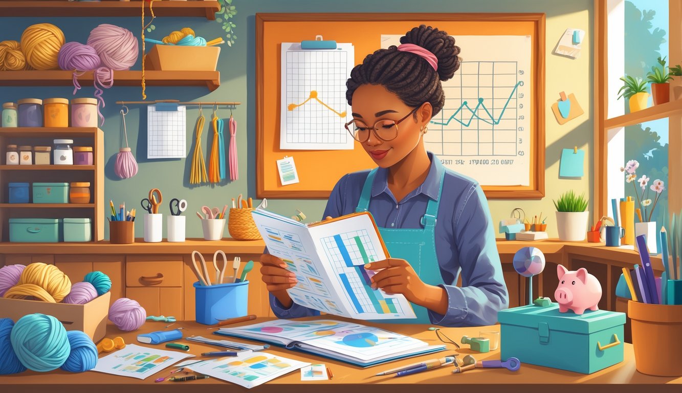 A crafter in a workshop reviewing a planner with crafting materials and organized supplies around, showing careful planning and resourcefulness.