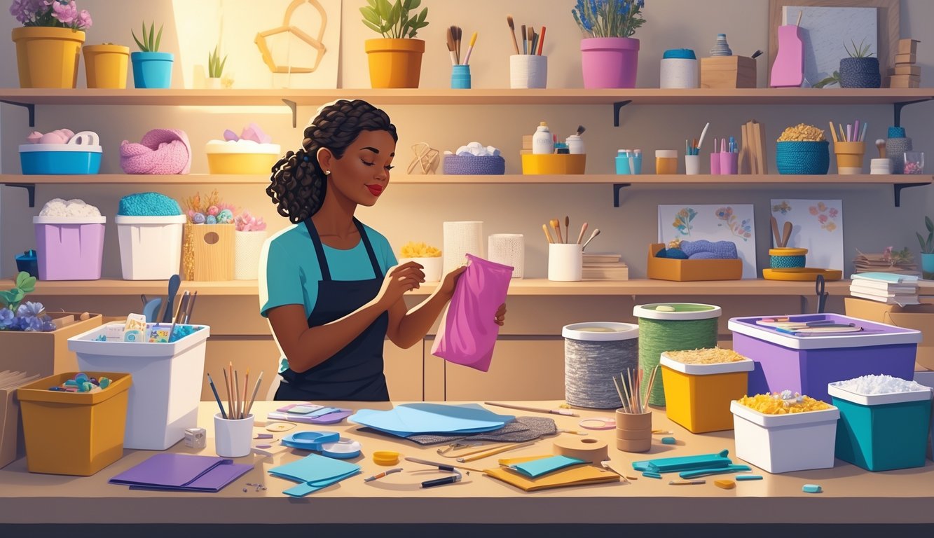 A crafter in a workspace comparing different crafting materials, surrounded by various affordable and repurposed supplies and finished handmade items.