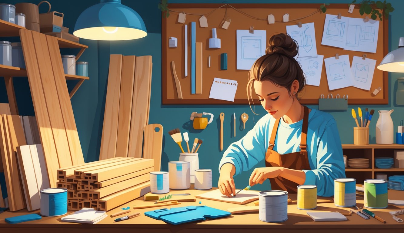 A person working in a tidy DIY workshop surrounded by home improvement materials and tools, thoughtfully selecting supplies with plans and sketches visible nearby.