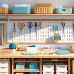 A well-organized crafting workspace with shelves, pegboards, drawers, and baskets neatly storing various craft supplies like scissors, ribbons, beads, and yarn.