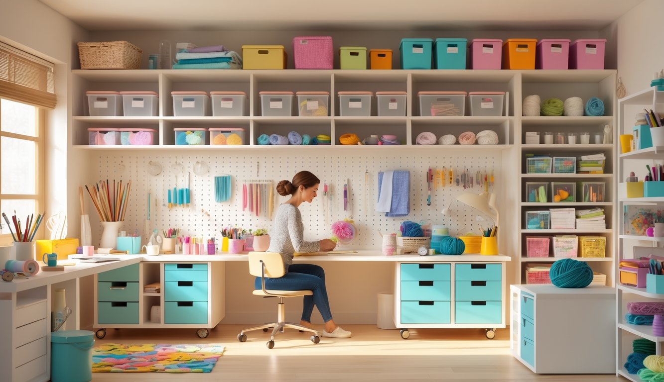 A tidy craft room with organized supplies stored in clear containers, pegboards, and hidden compartments, with a person happily crafting at a clean workspace.