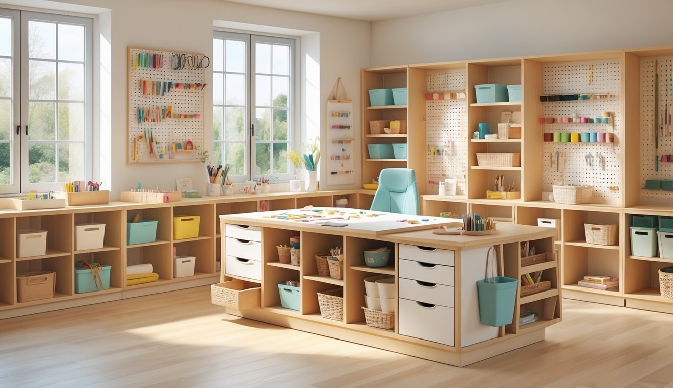 A bright craft room with multi-functional furniture featuring built-in storage solutions holding various crafting supplies and tools.