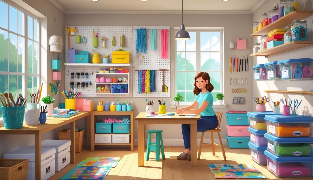 A craft room with a person working at a table surrounded by creative and organized storage solutions using jars, pegboards, boxes, and baskets.