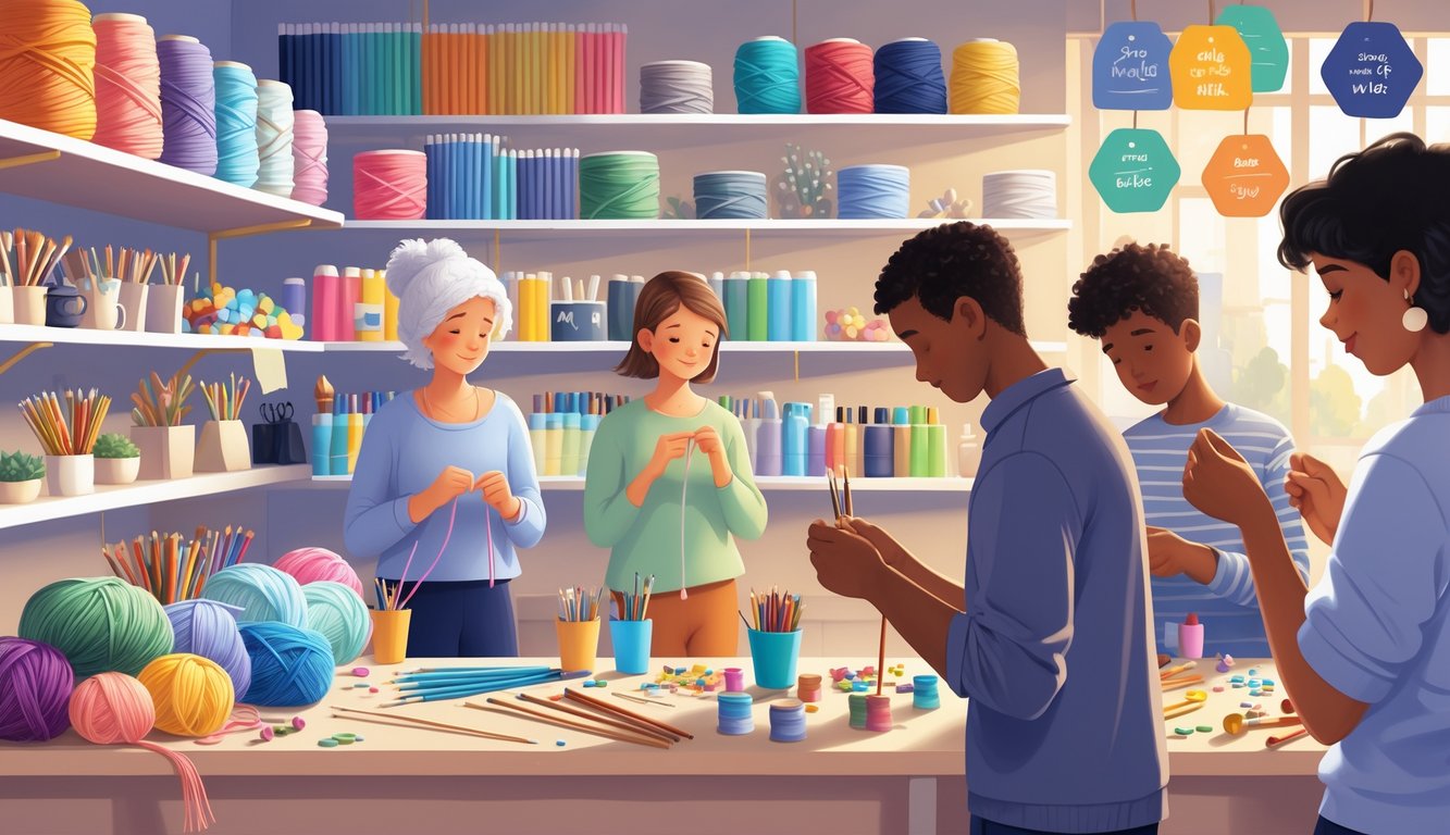 People in a craft supply store examining materials and price tags while working on their projects.