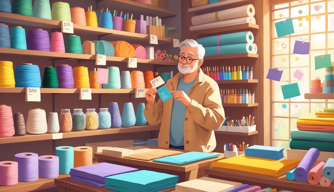 A person in a craft store looks thoughtfully at craft supplies on shelves filled with yarn, paint, fabric, and beads.