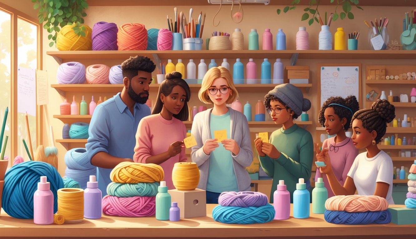 A group of people in a craft supply store closely examining colorful materials and price tags on shelves.
