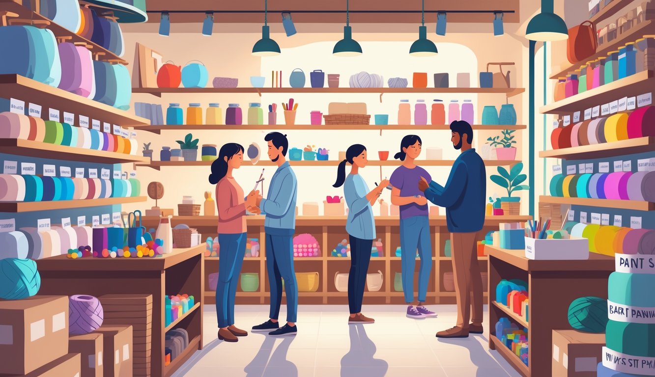 People shopping and crafting in a cozy craft supply store with shelves of colorful materials.