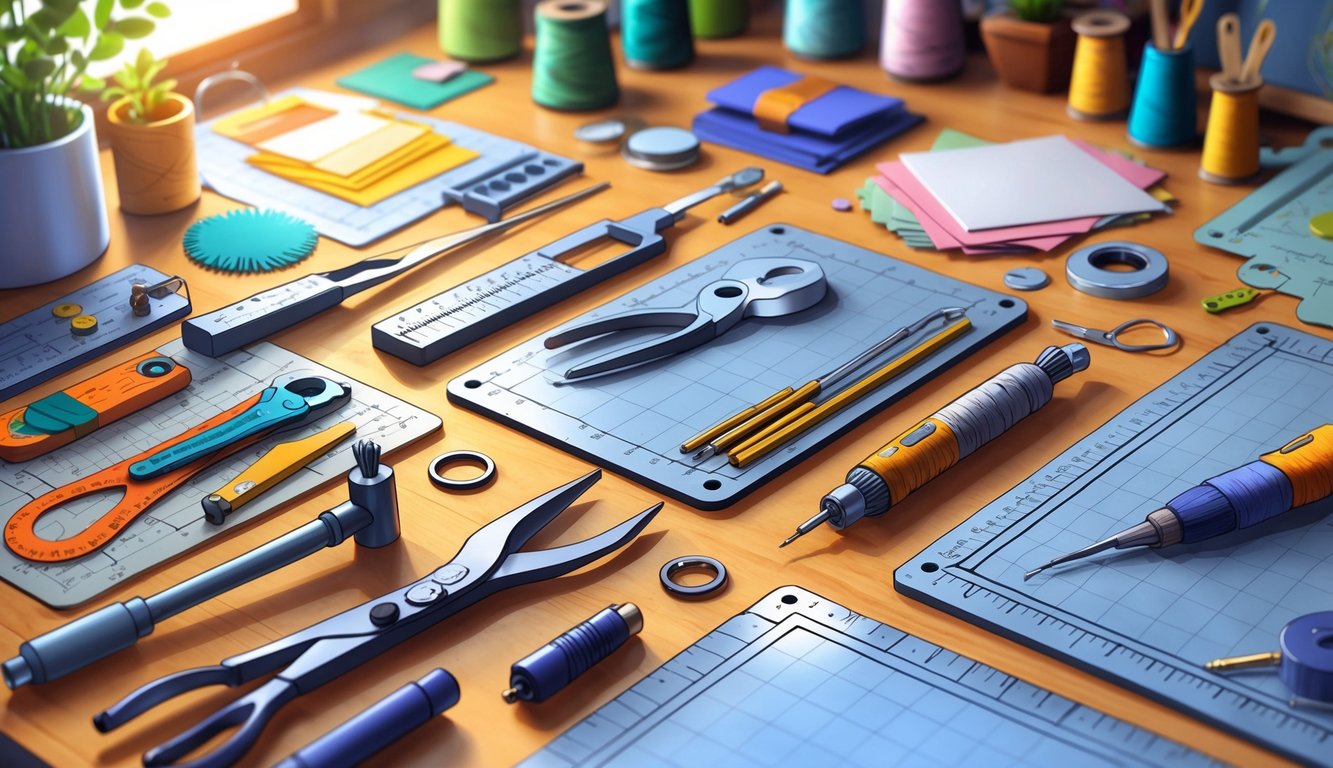 A neatly arranged crafting workspace with various detailed tools and materials on a wooden table, showing an inviting and organized environment for creative work.