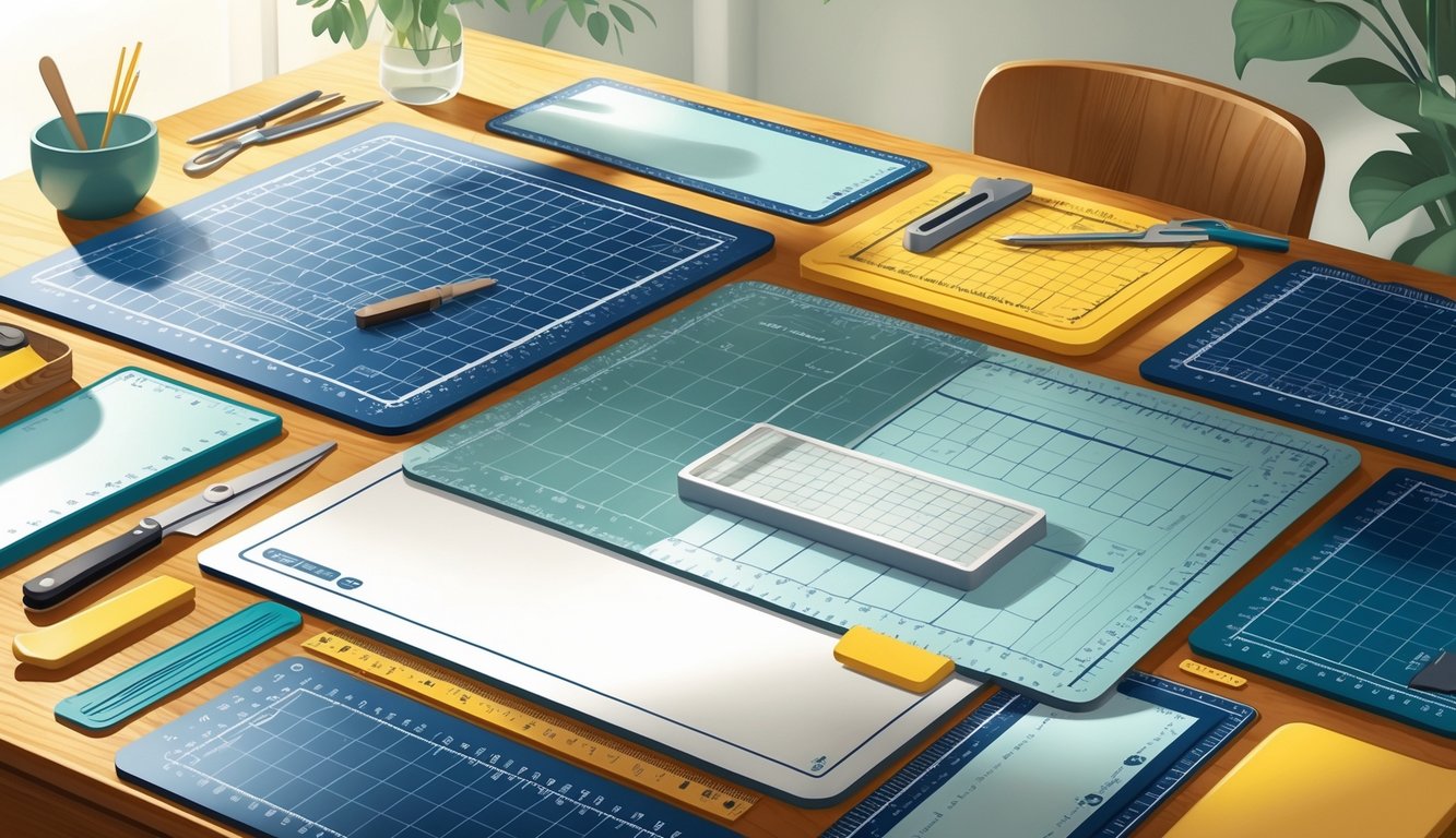 A clean crafting workspace with cutting mats and crafting tools arranged neatly on a wooden table.
