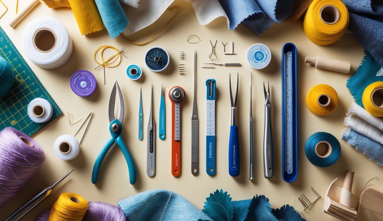 A neatly arranged collection of fabric and fiber arts tools on a wooden table, including scissors, rotary cutters, measuring tapes, needles, and colorful threads, surrounded by various textured fabrics.