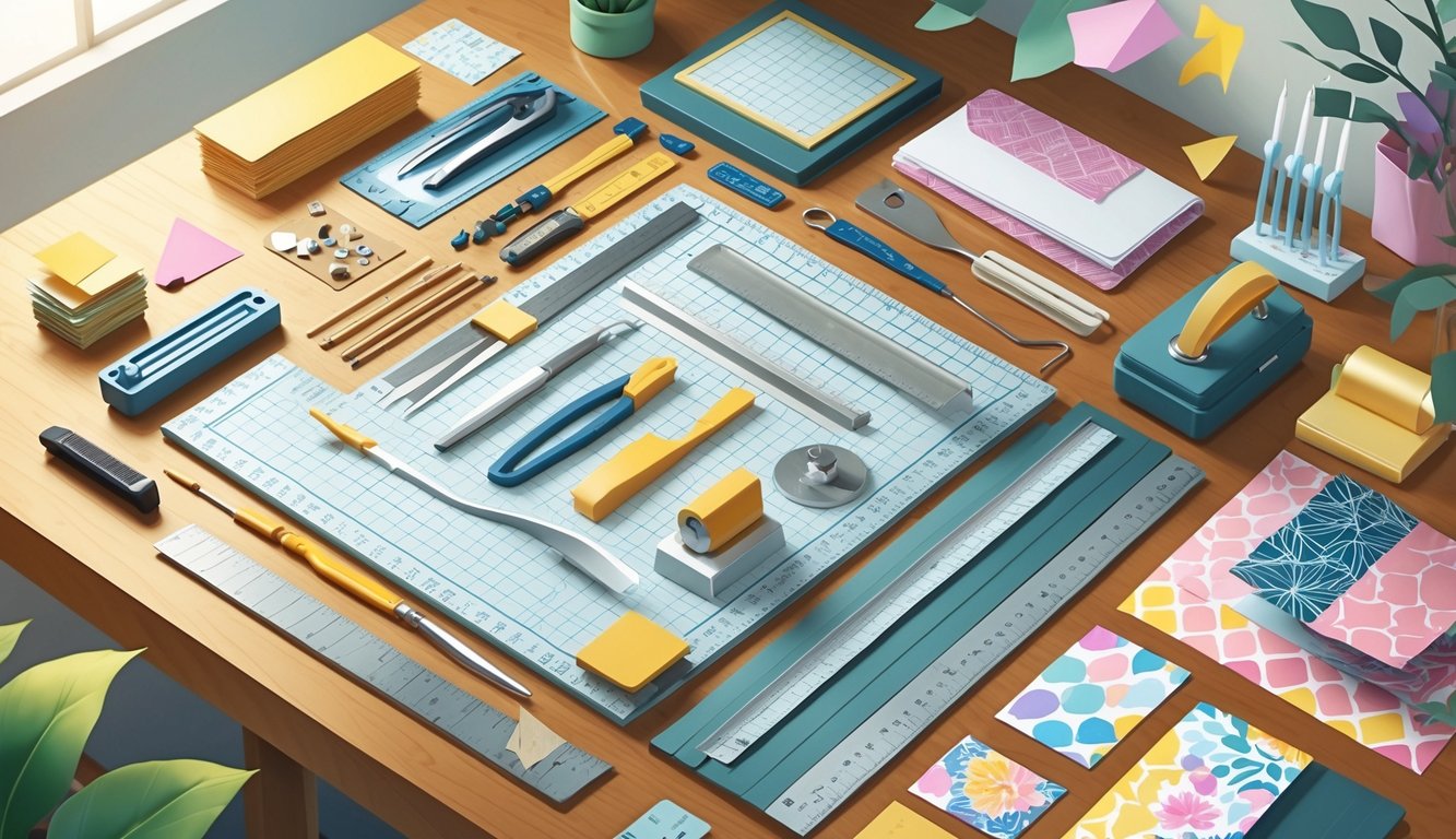 A neatly arranged paper crafting workspace with various tools and colorful papers on a wooden table.