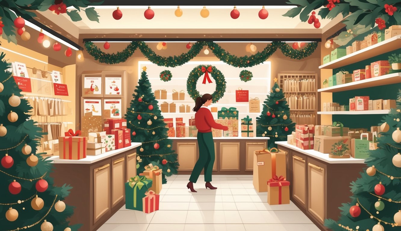 A retail store decorated for the holidays with shelves of ornaments and lights, a manager arranging products, and shoppers browsing.