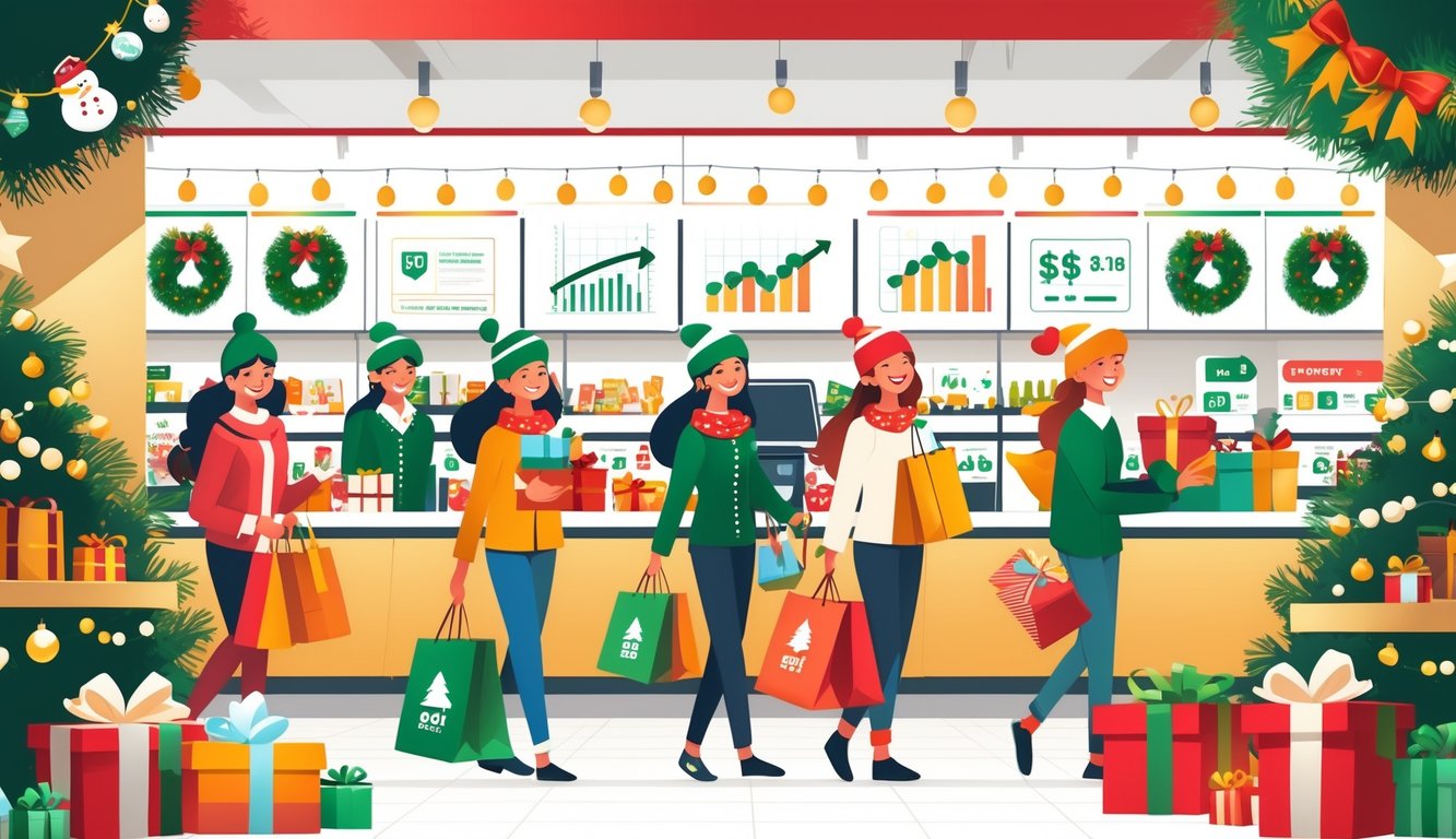 Shoppers carrying holiday gifts inside a decorated retail store with employees assisting them and festive decorations around.