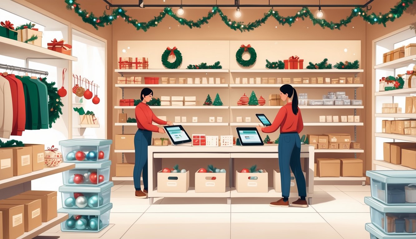 A retail store interior decorated for the holidays with neatly organized shelves and storage containers, employees arranging holiday decor items.