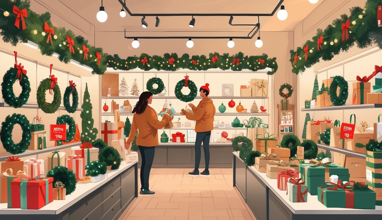Shoppers browsing holiday decorations like wreaths, lights, and ornaments in a festive retail store with a store employee arranging items in the background.