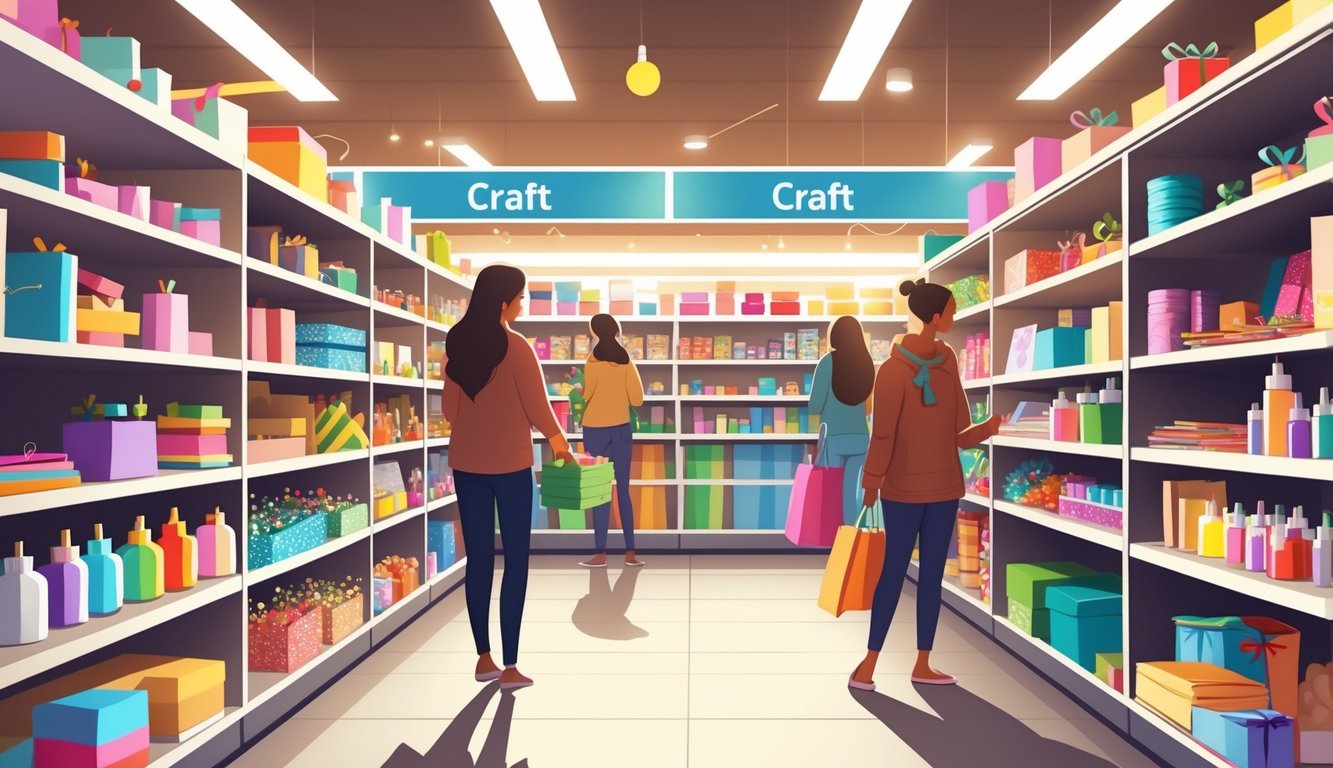 A store aisle filled with holiday craft supplies and shoppers browsing the items.