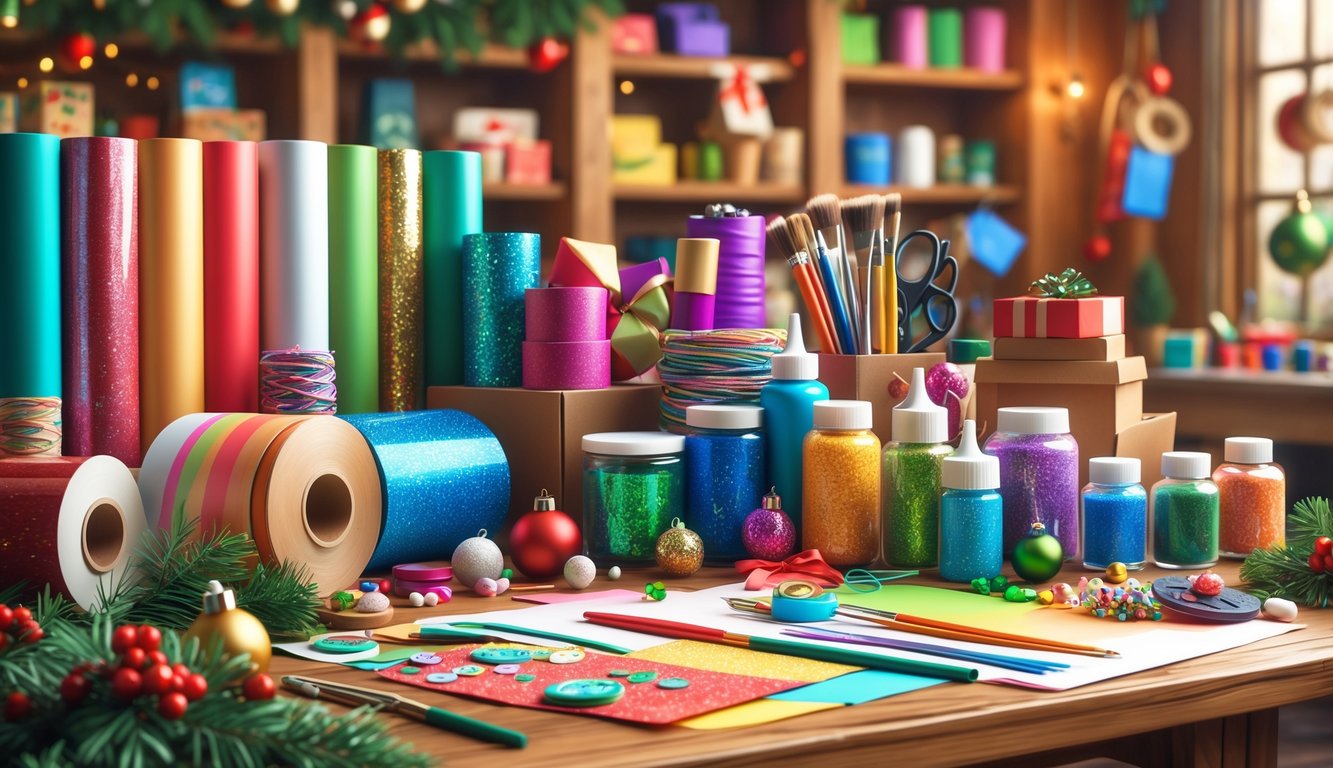 A table filled with various crafting supplies such as ribbons, paint, scissors, beads, and decorative paper, surrounded by holiday decorations inside a store.