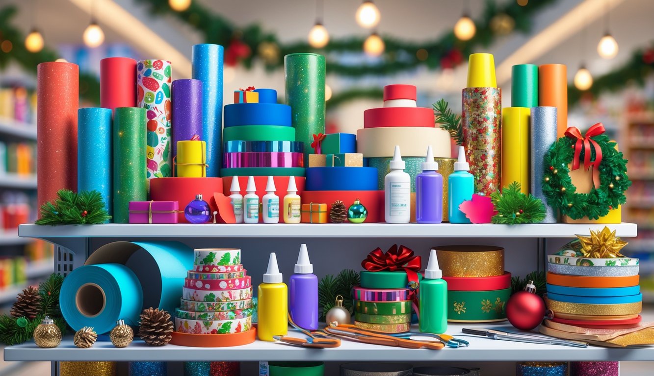 A store shelf filled with various holiday craft supplies including wrapping paper, ribbons, stickers, paints, glue, scissors, and decorative ornaments in a festive retail setting.