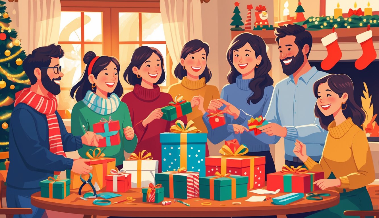 People gathered around a table making holiday gifts with decorations and a Christmas tree in the background.