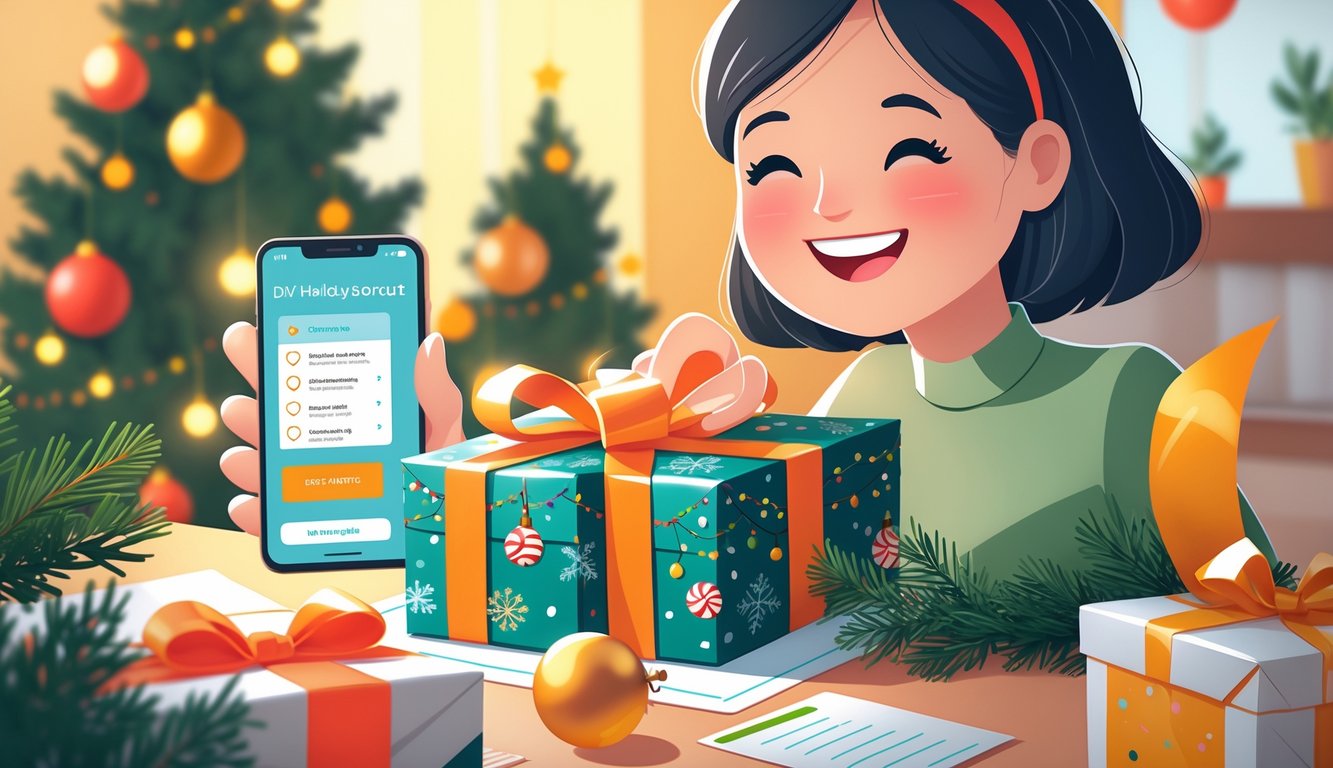 A person wrapping a holiday gift at home with festive decorations and a smartphone nearby showing a shopping list.