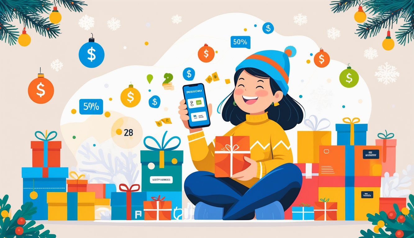 A shopper happily using a smartphone with holiday decorations, packages, and symbols of discounts and free shipping around them.