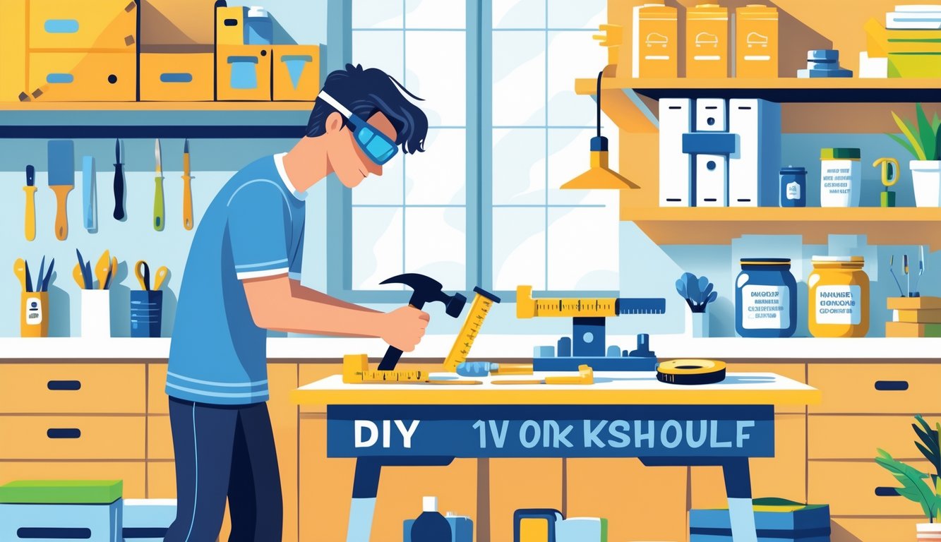 A person working on creative DIY projects at a home workshop with tools and finished small projects around them.